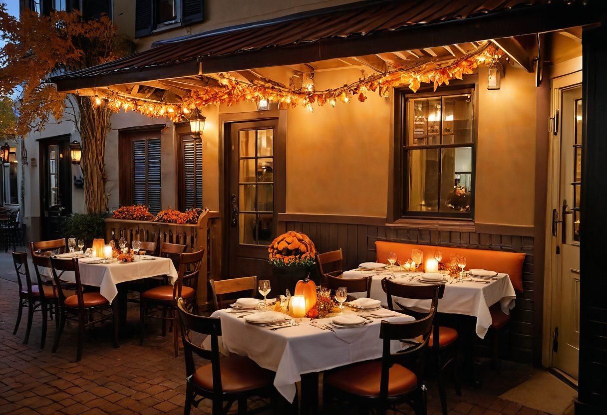 A cozy bistro scene with a rustic wooden table set for dinner, featuring warm candlelight, seasonal decorations like autumn leaves and pumpkins, and a delicious plate of gourmet food. Include smiling patrons enjoying their meal, surrounded by a welcoming ambiance with soft, glowing lights. The background should reflect a homey environment with charming decor, showcasing the intimacy of dining at Jim's Place Bistro. super-realistic. warm colors. inviting atmosphere.