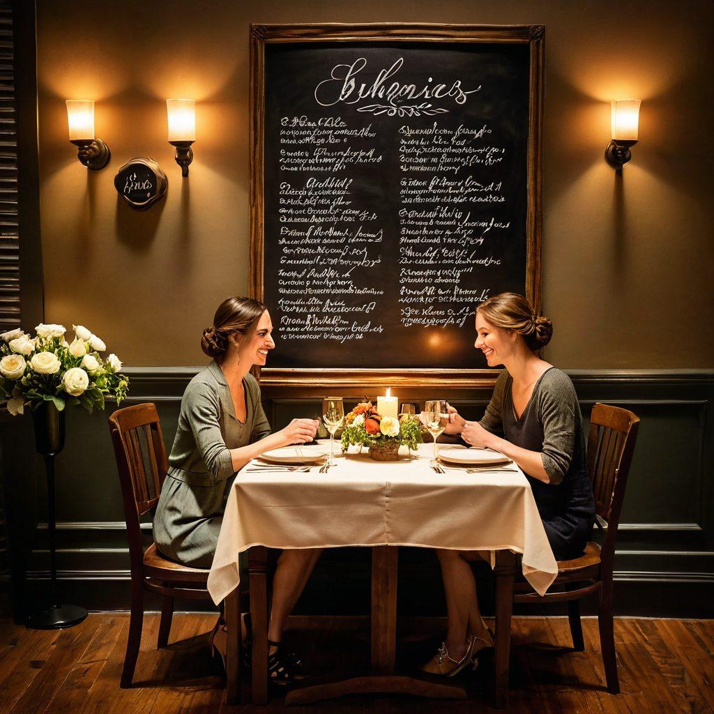 A cozy bistro scene featuring a beautifully set wooden table with an elegant dinner for two, adorned with soft candlelight and fresh flowers. In the background, a chalkboard menu displays delicious dishes, while a warm atmosphere envelops the space with ambient fairy lights. Include happy couples enjoying their meals, showcasing love and connection over food. super-realistic. warm tones. intimate setting.