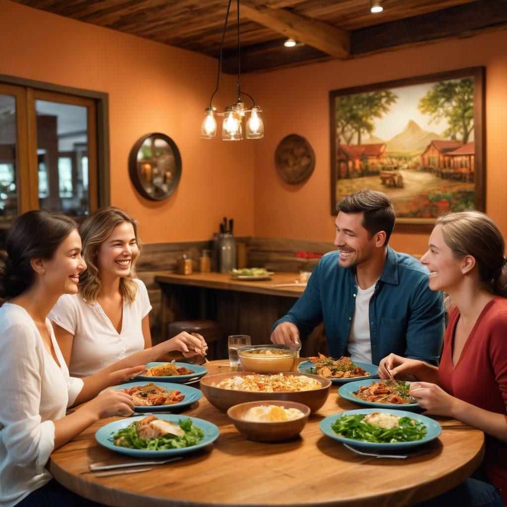 A warm and inviting restaurant setting, featuring a large wooden table surrounded by diverse families enjoying a meal together, while a couple shares a romantic moment in a cozy corner. The ambiance is enhanced with soft lighting, colorful dishes on the table, and smiling faces, all under a mural showcasing community culinary traditions. super-realistic. warm tones. inviting atmosphere.